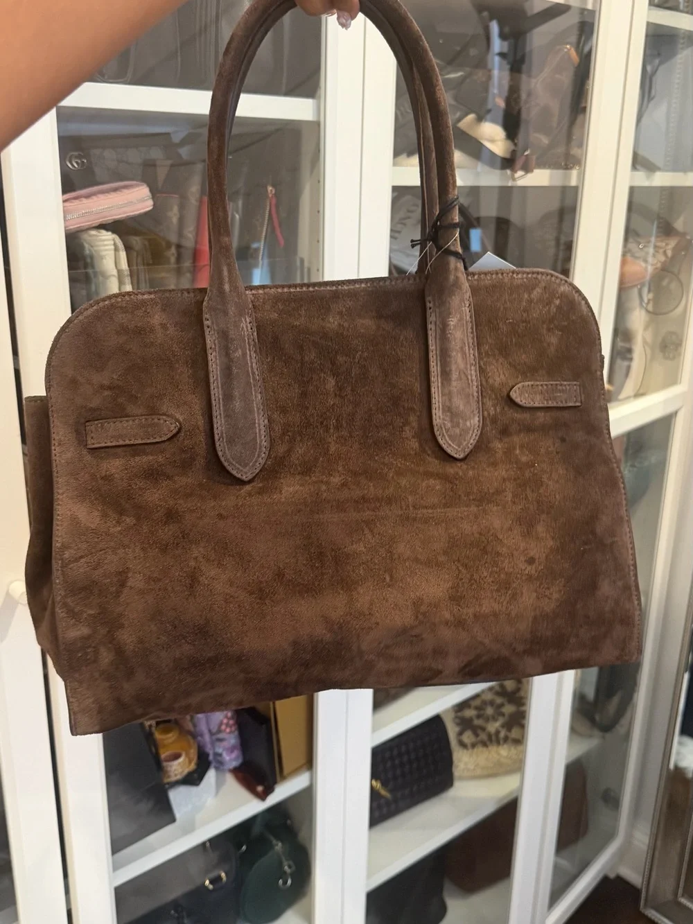 Suede Satchel Handbag in Dark Brown with Gold-Tone Hardware